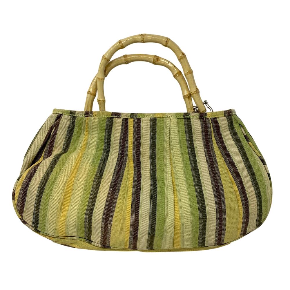 Vintage Bamboo Handle Striped Canvas Handbag Green Yellow Brown Resort Boho Tote